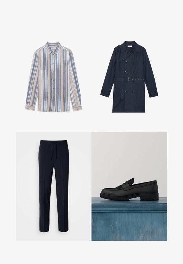 Manteau trench navy en tissu léger, présentant une fermeture à glissière double bouton, une taille ceinturée et deux poches latérales avec détail rabattu.; Chemise à manches longues avec un col, ornée de rayures verticales bleues, beiges et blanches. Fabriquée dans un tissu texturé, avec un col et des boutons en métal.; Pantalons légers bleu marine avec une taille élastique et un cordon de serrage réglable, présentant un design coupe droite et une texture lisse.; Chaussure noire en cuir sans lacets avec un accent en tissu texturé, une semelle en caoutchouc robuste et une finition lisse. Présente un détail de couture subtil.