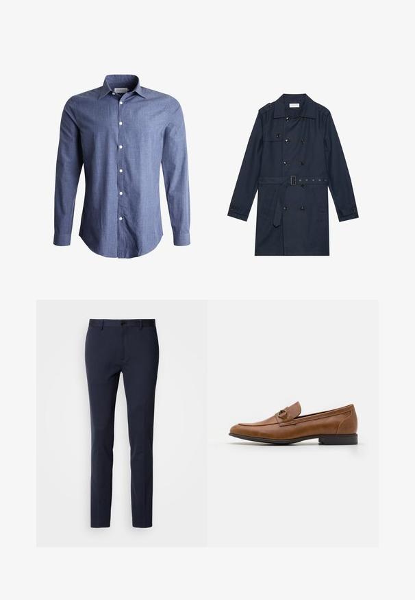 Manteau trench navy en tissu léger, présentant une fermeture à glissière double bouton, une taille ceinturée et deux poches latérales avec détail rabattu.; Chemise à manches longues bleue en tissu léger, avec un col classique, un devant à boutons et des boutons blancs. Texture lisse, design polyvalent.; Pantalons navy en tissu lisse et extensible. Dotés d'une fermeture éclair, d'un seul bouton et de jambes slim et fuselées.; Mocassins en cuir marron avec un talon plat, ornés d'un accent métallique décoratif à l'avant, au design épuré et à la texture lisse.