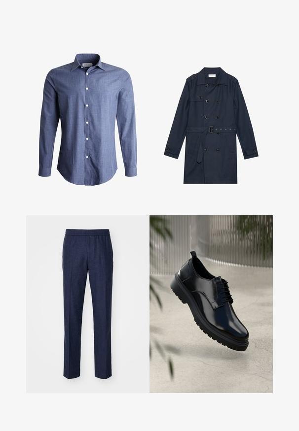 Manteau trench navy en tissu léger, présentant une fermeture à glissière double bouton, une taille ceinturée et deux poches latérales avec détail rabattu.; Chemise à manches longues bleue en tissu léger, avec un col classique, un devant à boutons et des boutons blancs. Texture lisse, design polyvalent.; Pantalons en lin bleu marine avec une taille élastique, coupe droite et sans motifs ni détails en métal visibles. Texture lisse.; Chaussure en cuir noir avec une finition brillante, bout rond, design à lacets, surpiqûres contrastantes, et semelle épaisse en caoutchouc avec motifs de relief.