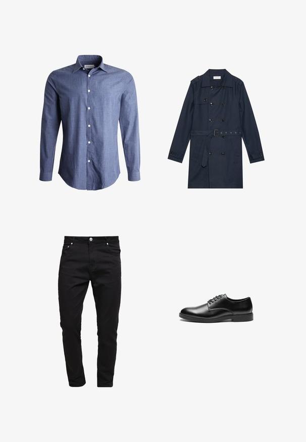 Manteau trench navy en tissu léger, présentant une fermeture à glissière double bouton, une taille ceinturée et deux poches latérales avec détail rabattu.; Chemise à manches longues bleue en tissu léger, avec un col classique, un devant à boutons et des boutons blancs. Texture lisse, design polyvalent.; Jean noir en tissu denim, design slim fit, style à cinq poches, fermeture à bouton métallique, avec des détails de couture et une texture lisse.; Chaussure habillée en cuir noir avec une finition lisse, bout arrondi, design à lacets à six œillets et semelle plate en caoutchouc.