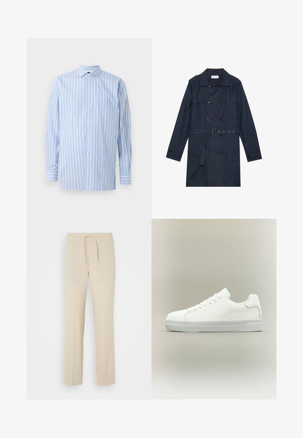 Manteau trench navy en tissu léger, présentant une fermeture à glissière double bouton, une taille ceinturée et deux poches latérales avec détail rabattu.; Chemise à manches longues bleu clair avec des rayures verticales blanches et bleu clair, design à boutons, col et un petit logo brodé sur la poitrine.; Pantalons beiges à taille élastique avec cordon de serrage. Comprend des jambes droites et une texture lisse, adaptés pour un usage décontracté ou pour se détendre.; Baskets basses blanches à lacets, doté d'un col rembourré et d'une semelle en caoutchouc texturée, présentées de profil sur un fond neutre.