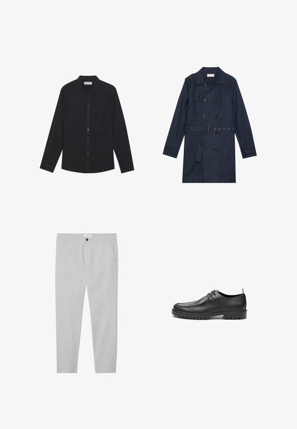Manteau trench navy en tissu léger, présentant une fermeture à glissière double bouton, une taille ceinturée et deux poches latérales avec détail rabattu.; Chemise noire à manches longues en tissu doux, avec un devant à boutons, un col et un ourlet droit avec une texture subtile.; Pantalons gris clair en tissu doux, avec une coupe ajustée, deux poches avant, une fermeture à bouton et des détails de texture subtils.; Chaussures en cuir noir avec une finition lisse, bout arrondi et coutures décoratives. Elles possèdent une semelle en caoutchouc avec des rainures de traction et un laçage.