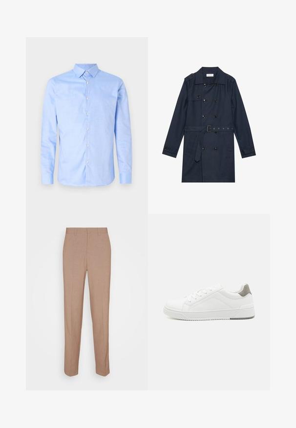 Manteau trench navy en tissu léger, présentant une fermeture à glissière double bouton, une taille ceinturée et deux poches latérales avec détail rabattu.; Chemise bleu clair à manches longues, avec un col pointu et des boutons blancs. Présente un col intérieur à motifs. Texture de tissu lisse.; Pantalon beige sur mesure en tissu lisse et texturé. Coupe droite avec une taille à la taille et sans ornements visibles ni poches.; Basket blanche en cuir lisse, à bout arrondi, design minimaliste, accent de talon gris et semelle en caoutchouc texturé.