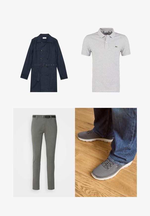 Abrigo trench de color azul marino en tejido ligero, con cierre de botones de doble pecho, cintura ceñida con cinturón y dos bolsillos laterales con detalle de solapa.; Polo de color gris claro confeccionado en una tela suave, con un cuello clásico, mangas cortas y un logo verde de Lacoste en el pecho.; Chinos de algodón grises con un corte slim, que incluyen un cinturón negro, dos bolsillos laterales y un diseño simple. Textura suave sin patrones visibles.; Zapatillas deportivas grises con parte superior de malla, suela blanca y cordones elásticos. Combinadas con unos vaqueros de mezclilla azules, sobre un suelo de madera.