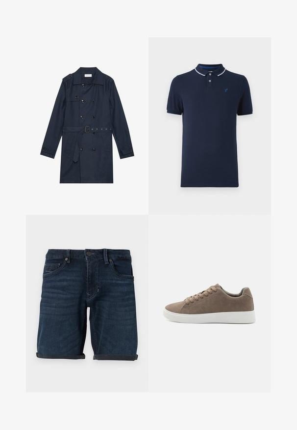 Marineblauer Trenchcoat aus leichtem Material, mit doppelter Knopfverschluss, tailliertem Gürtel und zwei seitlichen Taschen mit Klappendetail.; Marineblaues Poloshirt aus Baumwolle mit Kragen, zwei Druckknöpfen, kurzen Ärmeln und einem kleinen Logo auf der Brust.; Dunkelblaue Denim-Shorts mit umgeschlagenen Säumen, mit Fronttaschen, einem Knopfverschluss und einem Markenetikett auf der Gesäßtasche.; Braune Wildledersneaker mit flachen weißen Gummisohlen, Schnürdesign, abgerundete Zehen und einer glatten Textur. Minimalistischer Stil mit dezenten Nähdetails.