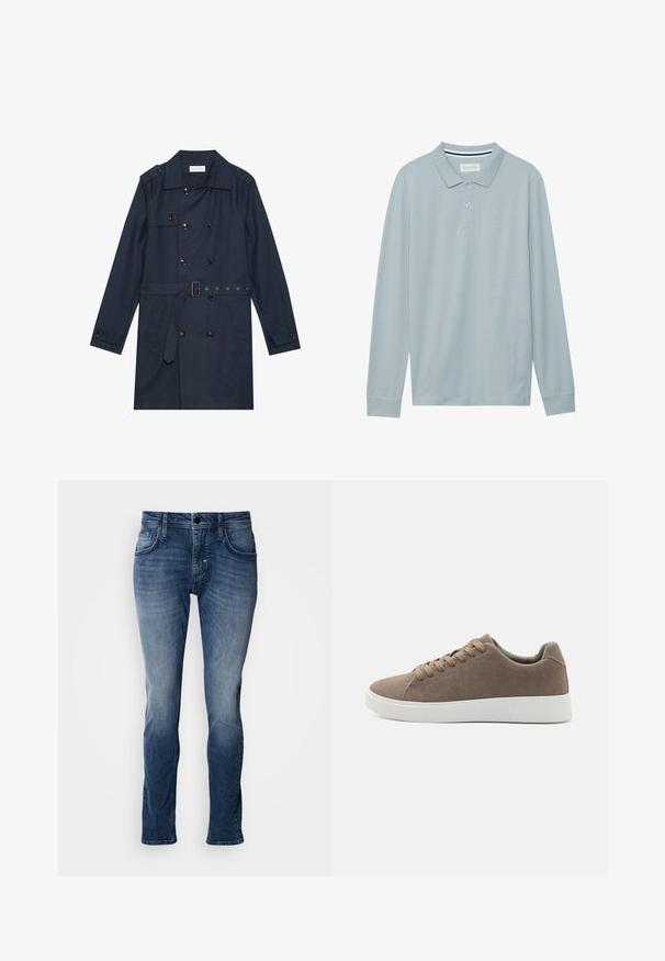 Marineblauer Trenchcoat aus leichtem Material, mit doppelter Knopfverschluss, tailliertem Gürtel und zwei seitlichen Taschen mit Klappendetail.; Langärmliges Poloshirt in Hellblau mit einem flachen Kragen, Knopfleiste mit drei Knöpfen und einem subtil strukturierten Stoff. Mit gestreiftem Innenkragen.; Blaue Jeans aus Denim mit einem ausgewaschenen Finish, Fünf-Taschen-Design, geradem Bein und Steppnähte. Einfache Knopf- und Reißverschlussöffnung.; Braune Wildledersneaker mit flachen weißen Gummisohlen, Schnürdesign, abgerundete Zehen und einer glatten Textur. Minimalistischer Stil mit dezenten Nähdetails.