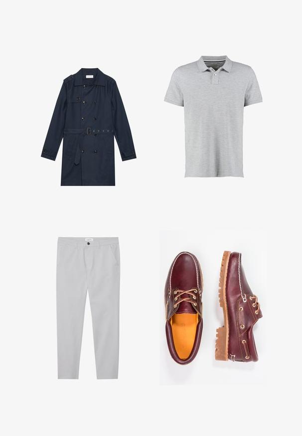 Manteau trench navy en tissu léger, présentant une fermeture à glissière double bouton, une taille ceinturée et deux poches latérales avec détail rabattu.; Polo gris à manches courtes, en tissu doux, avec un col à côtes subtil et une patte de boutonnage à deux boutons.; Pantalons gris clair en tissu doux, avec une coupe ajustée, deux poches avant, une fermeture à bouton et des détails de texture subtils.; Chaussures en cuir bourgogne avec semelles en caoutchouc marron, bout rond, couture blanche et œillets dorés. L'intérieur présente une doublure jaune.