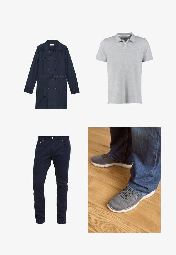 Manteau trench navy en tissu léger, présentant une fermeture à glissière double bouton, une taille ceinturée et deux poches latérales avec détail rabattu.; Polo gris à manches courtes, en tissu doux, avec un col à côtes subtil et une patte de boutonnage à deux boutons.; Pantalons slim-fit bleu marine en tissu mélangé coton, dotés d'une fermeture à bouton, de cinq poches et de détails de couture subtils.; Des chaussures de sport grises avec une tige en maille, une semelle blanche et des lacets élastiques. Associées à un jean en denim bleu, sur un sol en bois.