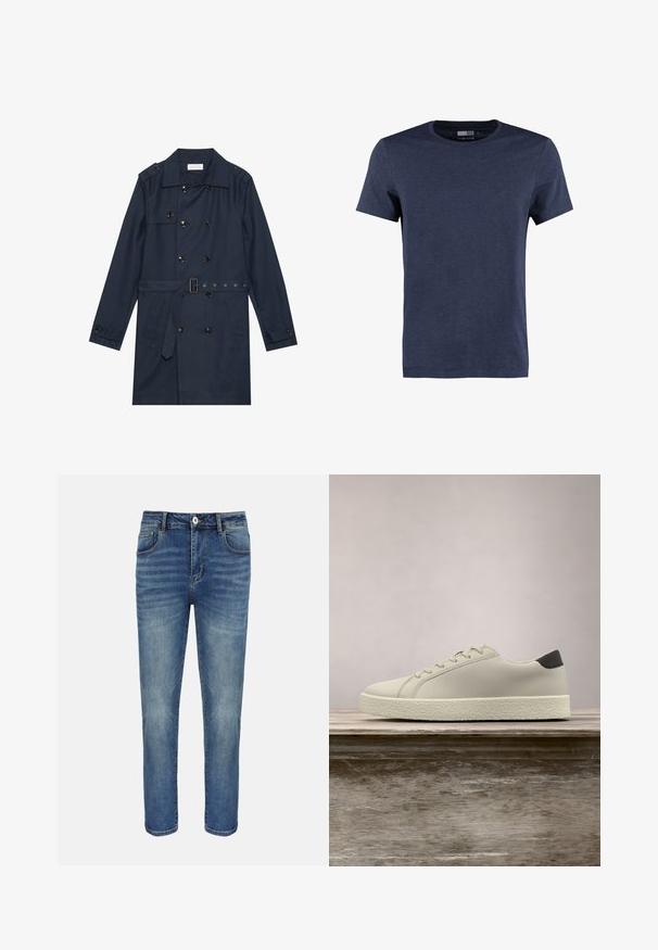 Marineblauwe trenchcoat van lichtgewicht stof, met dubbele knoopsluiting, ceintuur in de taille en twee zijzakken met flapdetail.; Navyblauwe T-shirt met korte mouwen, gemaakt van katoen. Het heeft een ronde hals en een zachte, gemêleerde textuur zonder zichtbare patronen of accenten.; Blauwe straight-leg spijkerbroek met knoop- en ritssluiting aan de voorkant, riemlussen en voor- en achterzakken.; Witte sneaker met gestructureerde zool en zwarte hieldetails, zwevend boven een houten bank met hoge groene graspluimen op de achtergrond.