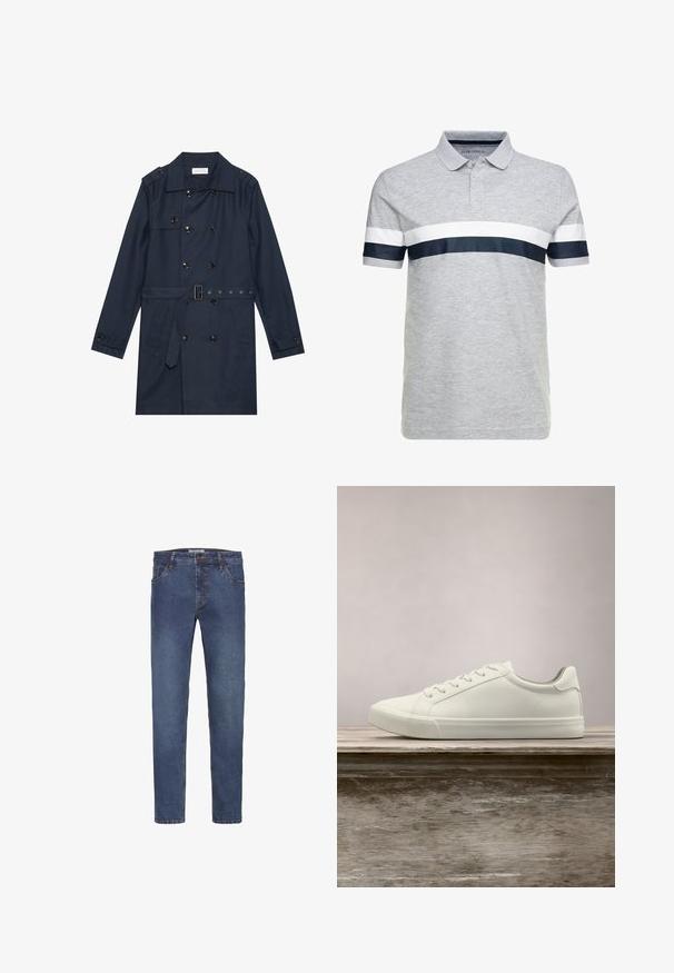 Manteau trench navy en tissu léger, présentant une fermeture à glissière double bouton, une taille ceinturée et deux poches latérales avec détail rabattu.; Polo gris en coton, avec un col à boutons, des manches courtes et de larges rayures horizontales blanches et marines sur la poitrine.; Jean en denim bleu foncé avec une coupe droite, doté de passants pour ceinture, cinq poches et des coutures contrastantes le long des coutures.; Sneaker en dentelle blanche flottant au-dessus d'un banc en bois avec un feuillage vert en arrière-plan, mettant en valeur le design et la texture de la chaussure.