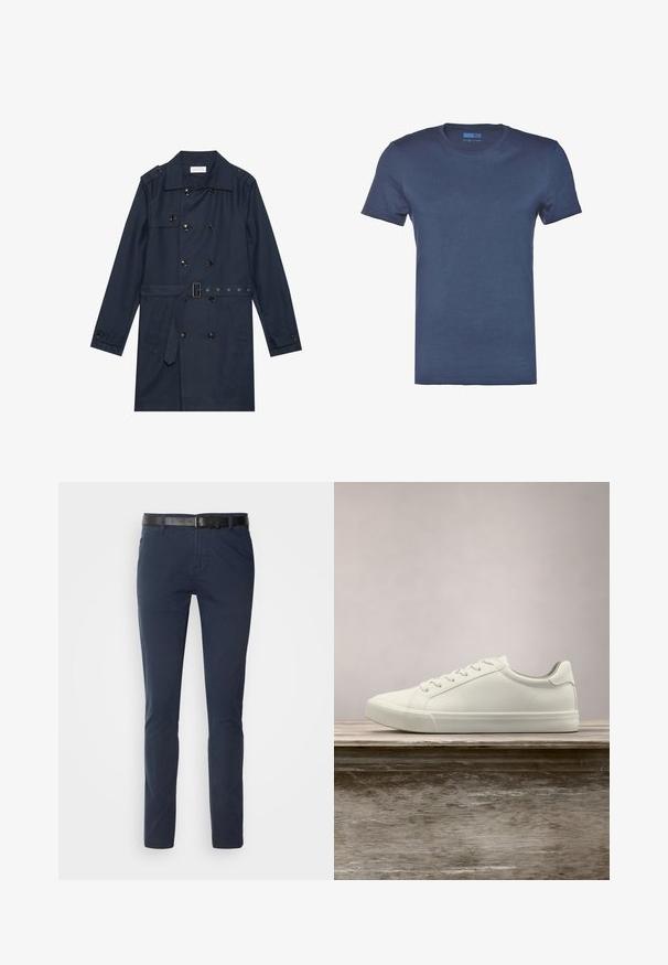 Marineblauer Trenchcoat aus leichtem Material, mit doppelter Knopfverschluss, tailliertem Gürtel und zwei seitlichen Taschen mit Klappendetail.; Navyblaues Baumwoll-T-Shirt mit Rundhals, kurzen Ärmeln und einer glatten, einfarbigen Textur. Keine Muster oder sichtbaren Hardware-Details.; Marineblaue Baumwollhose im slim fit, mit einem strukturierten schwarzen Ledergürtel und klassischen Taschen. Schlichtes Design, ohne Muster.; Weiße Schnürsneaker, die über einer Holzbank mit grünem Laub im Hintergrund schweben und das Schuhdesign sowie die Textur zeigen.