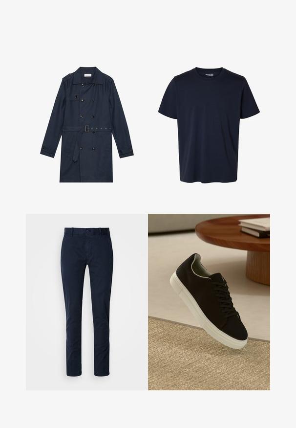 Marineblauer Trenchcoat aus leichtem Material, mit doppelter Knopfverschluss, tailliertem Gürtel und zwei seitlichen Taschen mit Klappendetail.; Schlichtes marineblaues T-Shirt mit kurzen Ärmeln und Rundhalsausschnitt mit kleinem gedrucktem Markenlabel innen am Kragen.; Marineblaue Chinos aus Baumwollmischung. Sie verfügen über einen Knopfverschluss, Gürtelschlaufen, einen geraden Schnitt und eine glatte Textur.; Schwarze Sneakers mit weißer Sohle, die über einem beige strukturierten Teppich schweben, in der Nähe eines runden Holztisches mit gestapelten Büchern.