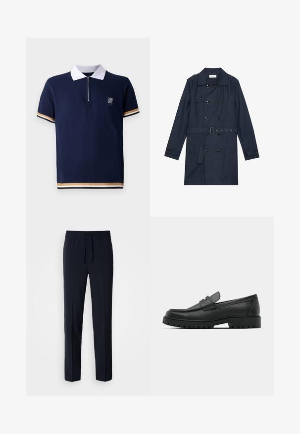Marineblauwe trenchcoat van lichtgewicht stof, met dubbele knoopsluiting, ceintuur in de taille en twee zijzakken met flapdetail.; Marineblauw polo shirt met witte kraag, kwart-rits ontwerp en gestructureerde stof. Beschikt over gestreepte accenten in goud en wit op de mouwen.; Marineblauwe, lichte broeken met een elastische tailleband en verstelbaar trekkoord, met een recht model en een gladde textuur.; Zwarte leren instappers met een ronde neus, voorzien van een gestikt ontwerp, een lage platformzool en een gestructureerde, grof rubberen buitenzool.