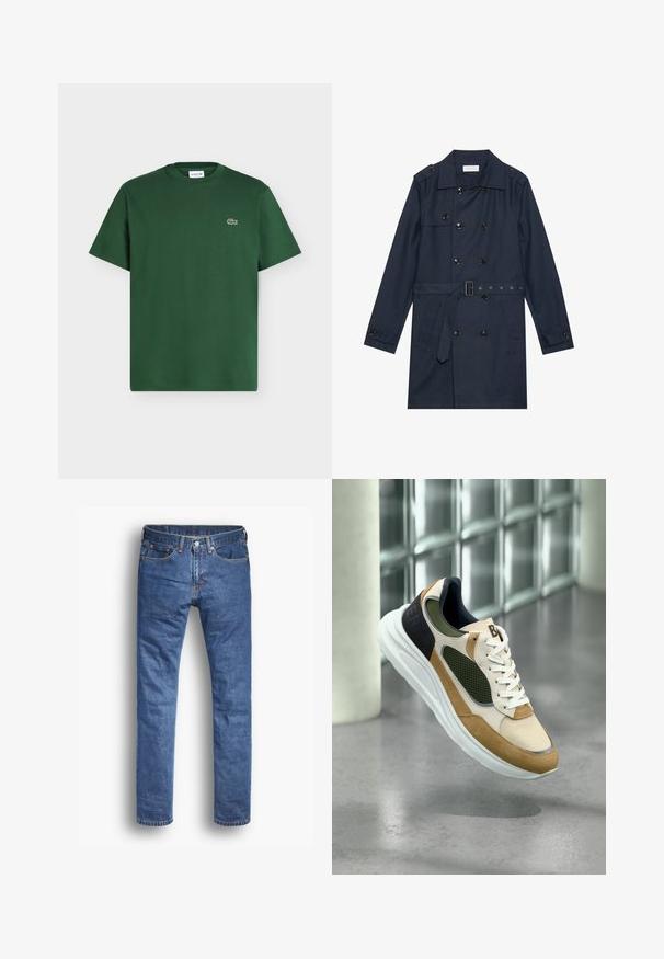 Abrigo trench de color azul marino en tejido ligero, con cierre de botones de doble pecho, cintura ceñida con cinturón y dos bolsillos laterales con detalle de solapa.; Camiseta de algodón de manga corta en verde oscuro con cuello redondo y pequeño logo del cocodrilo de Lacoste en el pecho izquierdo.; Vaqueros de mezclilla en un lavado azul medio con un corte recto, que cuentan con cinco bolsillos, un cierre de botón y cremallera, y sutilezas en los acentos de costura.; Zapatilla beige, marrón claro y verde con suela y cordones blancos, flotando sobre un suelo de cemento gris con fondo de pared de bloques de vidrio.