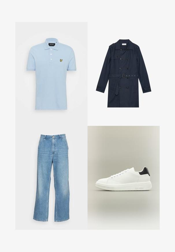 Marineblauwe trenchcoat van lichtgewicht stof, met dubbele knoopsluiting, ceintuur in de taille en twee zijzakken met flapdetail.; Lichtblauwe polo gemaakt van katoen met een drie-knopenlijst, korte mouwen en een klein geel geborduurd logo op de borst.; Lichtblauwe wijde jeans gemaakt van denim. Heeft een hoge taille, knoopsluiting en een standaard vijf-pocket ontwerp. Gladde textuur.; Witte lage sneaker met dikke zool, veters aan de voorkant en een zwart hielstuk, gebrandmerkt met "Steve Madden" op de zijkant van de zool.