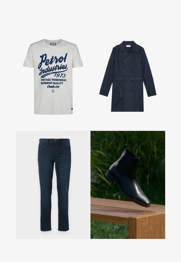 Marine trenchcoat i let stof, med dobbeltradet knaplukning, bæltestrop i livet og to sidelommer med klapdetalje.; Hvid t-shirt med korte ærmer, der har marineblå trykt tekst. Designet inkluderer "Petrol Industries," "1973," og accenter som "Genuine Product."; Mørkeblå denimjeans med lige ben, der har fem lommer, knaplukning og diskret slidfornemmelse på forsiden.; Sort læder Chelsea-støvle svævende over en træbænk med græs og planter i baggrunden.