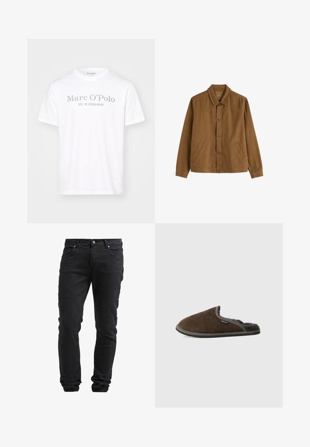 Bruine herenjas met knopen, kraag, twee schuine voorzakken en lange mouwen, gemaakt van een stevig stof.; Witte katoenen T-shirt met een ronde hals, korte mouwen en grijze opdruk met de tekst "Marc O'Polo EST. IN STOCKHOLM."; Zwarte slim-fit jeans met knoop- en ritssluiting, vijf zakken en elastische boorden bij de enkels.; Bruine suède slof met een voering van bont, platte zool, open achterkant en grijze accenten rond de opening. Heeft een logootag aan de zijkant.