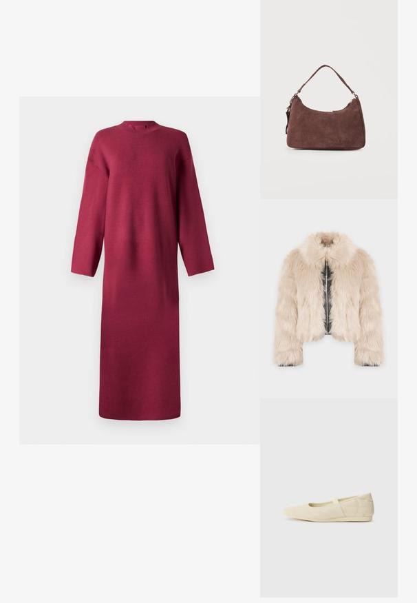 Faux fur cropped jakke i lys beige med inderside i faux læder, med krave og frontlynlås. Blød tekstur og voluminøs form.; Bordeaux, langærmet strikket kjole med høj hals, løs pasform og lige silhuet, som har en blød tekstur og ingen synlige lukninger.; Lysebrune ballet flats med en glat læderoverflade, mandelformet tå og elastisk rem over vristen, med diskrete syninger.; Brun skuldertaske i ruskind med én hank og lynlåslukning, vist mod en ensartet lys baggrund.