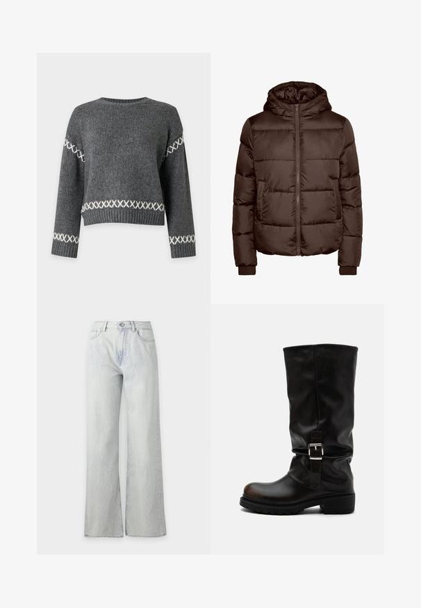 Veste matelassée marron avec capuche, dotée d'une fermeture éclair avant, de deux poches latérales et de poignets côtelés. Texture lisse et brillante avec un design matelassé.; Pull en tricot gris foncé avec des motifs en points de croix blancs sur les manches et près de la taille, col rond, poignets et ourlet côtelés.; Jean en denim bleu clair à jambes larges avec poches avant, passants de ceinture, fermeture par boutons et coutures visibles sur un fond uni.; Botte haute en cuir noir avec bout arrondi, talon bas, bride à boucle latérale et tige légèrement relâchée sur fond blanc.