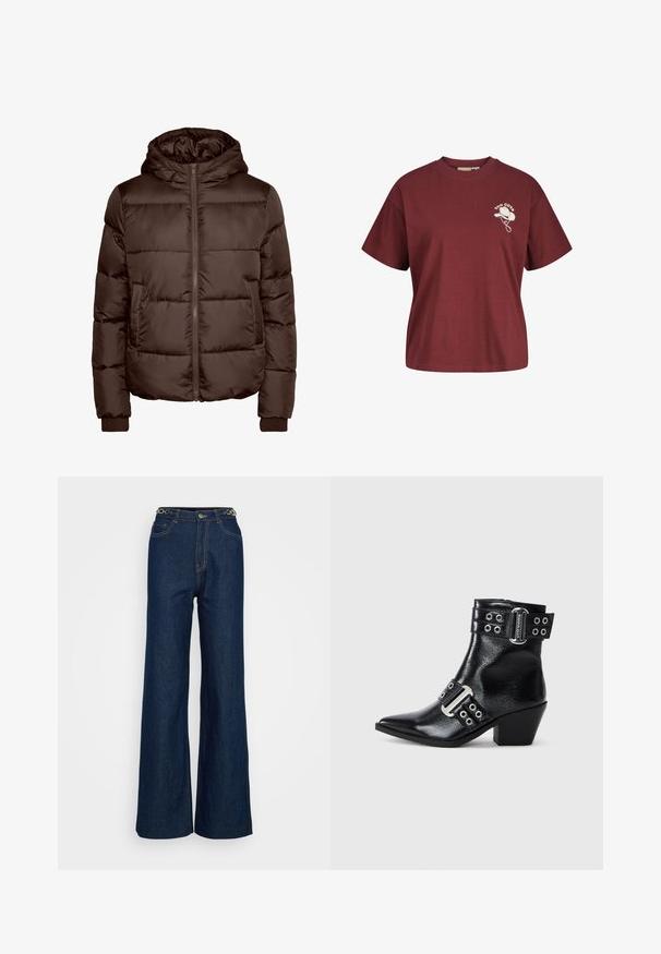 Veste matelassée marron avec capuche, dotée d'une fermeture éclair avant, de deux poches latérales et de poignets côtelés. Texture lisse et brillante avec un design matelassé.; T-shirt bordeaux à manches courtes avec col rond et petit graphique blanc d'un chapeau de cowboy accompagné du texte "TOO CUTE" sur la poitrine gauche.; Jeans larges bleu foncé en denim avec un design classique à cinq poches, des coutures renforcées et un accent en métal circulaire sur la ceinture.; Bottine en cuir noir à bout pointu, avec des accents en boucle argentée et deux sangles avec œillets. Talon bas pour une meilleure stabilité.