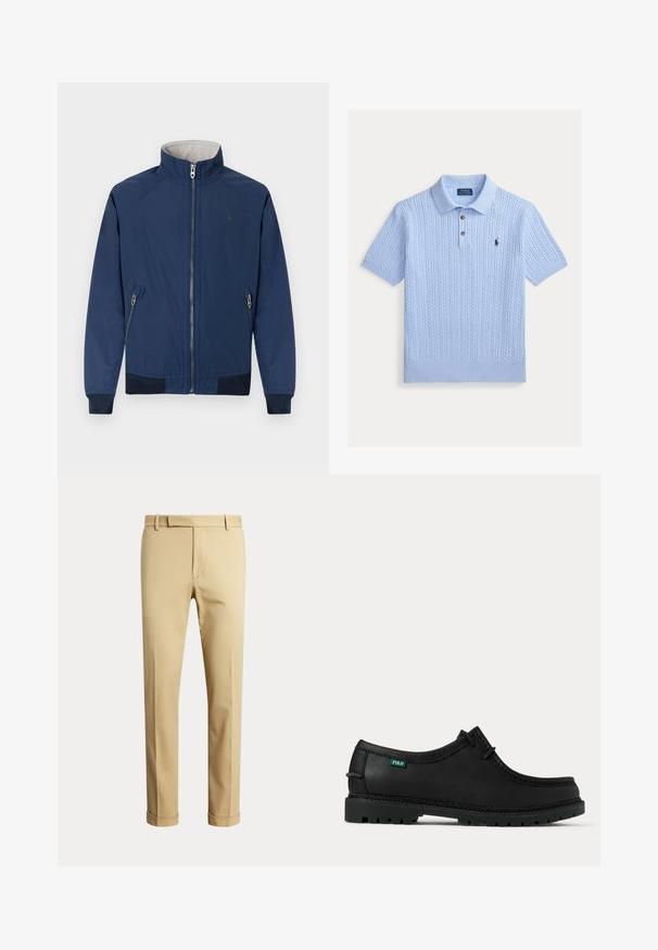Marineblaue leichte Jacke mit Reißverschluss, gerippten Bündchen, Seitentaschen und grünem Logo auf der Brust. Innen mit weichem Stoff gefüttert.; Hellblaues kurzärmeliges Kabelstrick-Poloshirt mit zwei braunen Knöpfen und einem kleinen schwarzen gestickten Logo auf der Brust.; Beige Herren-Anzughose mit Gürtelschlaufen und gekrempelten Säumen, vor einem schlichten hellen Hintergrund präsentiert.; Schwarzer Leder-Schnürschuh für den Alltag mit dicker profillierter Sohle und kleinem grünem "Polo" Etikett an der Seite nahe der Ferse.