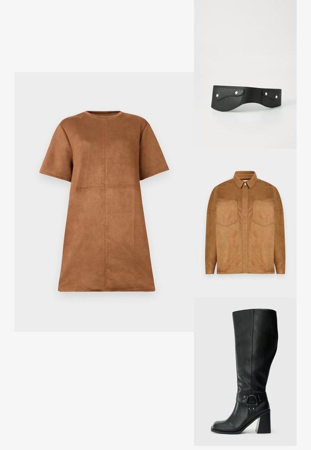 Brun faux suede jakke med spidse krave, to brystlommer og trykknaplukning. Glat tekstur og afslappet pasform.; Brun ruskind kortærmet kjole med rund hals og lodrette og vandrette sømdetaljer på forsiden.; Knæhøje sorte læderstøvler med firkantet tå, bred hæl og en dekorativ rem med metalaccenter omkring anklen. Glat tekstur.; Sort læderbælte med to runde lommer, sikret med sølvtrykknapper. Glat tekstur, let buet design.