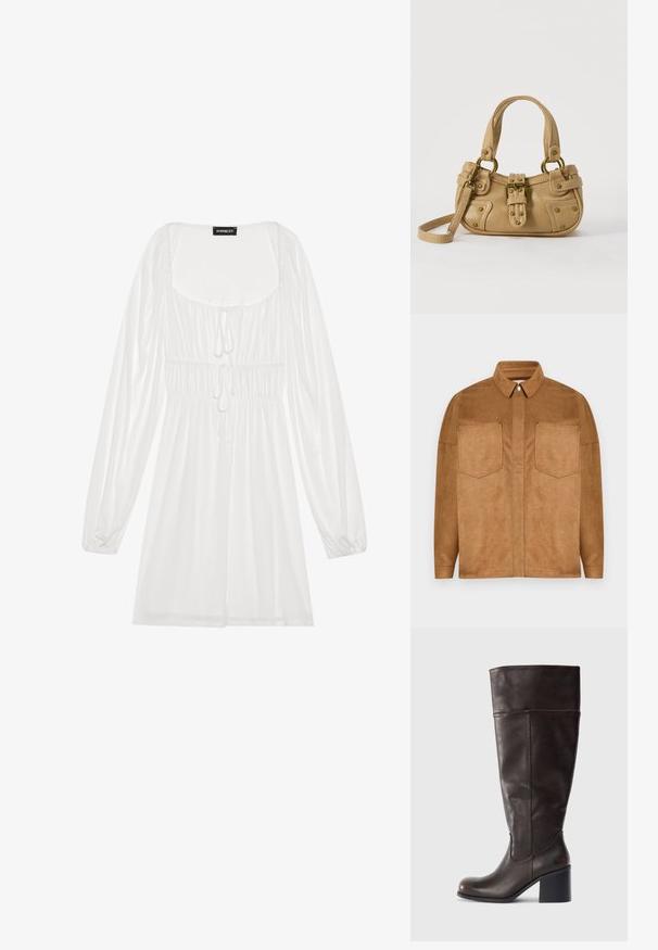 Brun faux suede jakke med spidse krave, to brystlommer og trykknaplukning. Glat tekstur og afslappet pasform.; Hvid langærmet kjole med firkantet udskæring, samlet talje med snøring og flydende skørt, lavet af letvægts, glat stof.; Brun læder knæhøj støvle med rund tå og stablet hæl. Har en glat tekstur og sidelægning som detalje.; Beige læderhåndtaske med dobbelte håndtag, messing spænde og nitte detaljer samt en justerbar skulderrem mod en hvid baggrund.