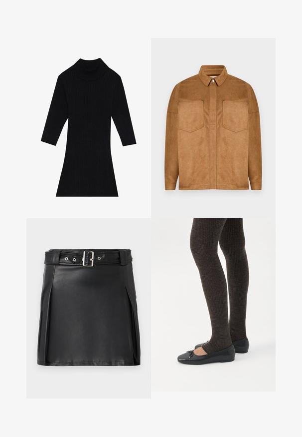 Veste en faux daim marron avec un col pointu, deux poches poitrine et fermeture à bouton-pression. Texture lisse et coupe décontractée.; Robe en tricot côtelé noir avec un col montant et des manches trois-quarts, présentant une silhouette ajustée qui s'évase au niveau de l'ourlet.; Jupe mini en faux cuir noir avec un design ajusté, des plis latéraux et une ceinture avec une boucle argentée et des œillets. Texture lisse, taille haute.; Jambes portant des leggings côtelés foncés associés à des ballerines noires avec de petits détails en nœud sur fond blanc.