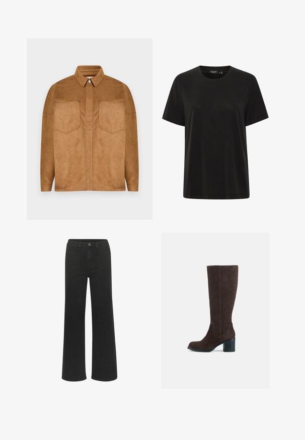 Veste en faux daim marron avec un col pointu, deux poches poitrine et fermeture à bouton-pression. Texture lisse et coupe décontractée.; T-shirt noir en tissu lisse, avec un col rond et des manches courtes. Le design est simple, sans motifs ni accents.; Jean large noir en denim, avec fermeture à bouton, cinq poches, et une texture lisse d'une couleur uniforme.; Bottes marron en daim à hauteur de genou avec un talon carré et une finition lisse. Bout arrondi et détails de couture distincts sur la tige.