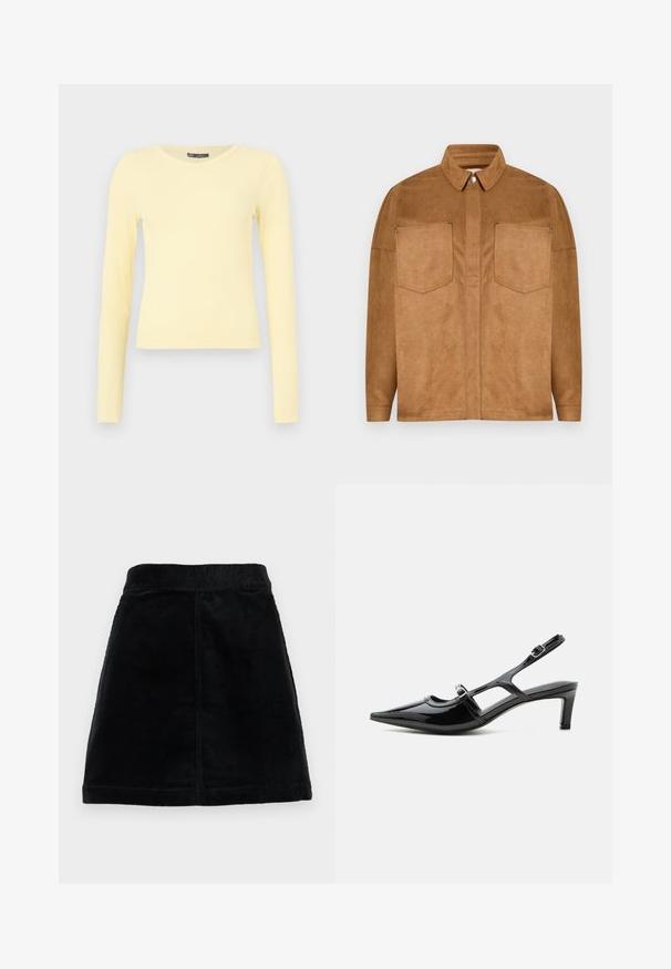 Veste en faux daim marron avec un col pointu, deux poches poitrine et fermeture à bouton-pression. Texture lisse et coupe décontractée.; Chemise à manches longues jaune clair côtelée avec un col rond et un ourlet légèrement raccourci sur un fond uni.; Jupe en velours côtelé noir avec une taille ajustée, une coupe droite et un tissu texturé avec des côtes verticales. Pas de fermetures ni de décorations visibles.; Chaussure slingback en cuir verni noir à bout pointu, petit talon et deux brides réglables avec boucles, vue de profil latéral.