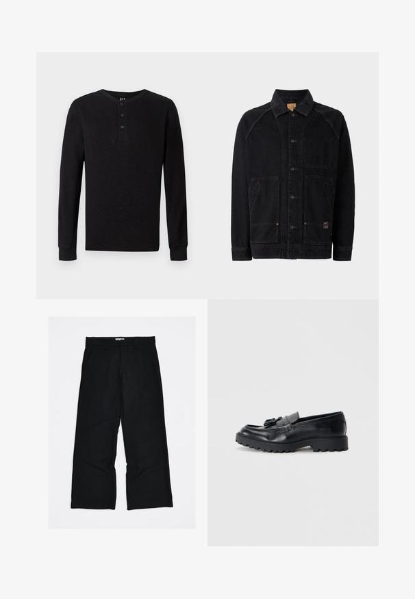 Sort denimjakke med klassisk krave, frontknaplukning, to sidelommer med klap og en brystlomme; synlige stikninger som detaljer.; Sort langærmet henley skjorte med tre-knaps placket ved halsen, blød tekstur og ribbede manchetter, der har en klassisk pasform og minimalistisk design.; Sorte bukser med fine lyse striber, lavet af et glat, let materiale. Har fuld længde, vidbenet snit og forlommer.; Sorte læder loafers med en blank finish, kraftig gummisål og dekorativt frynse-detalje på forsiden.