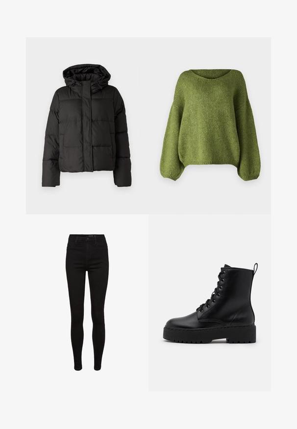Veste doudoune noire avec capuche, fermeture éclair à l'avant, motif matelassé et poignets élastiques. Fabriquée en matériau synthétique lisse.; JDY Knitted JDYDINEA Knitted - Pullover - fern; Jean skinny en denim noir avec une taille haute, design à cinq poches, passants de ceinture et détails de couture subtils. Texture lisse, forme ajustée.; Bottine en cuir noir avec une semelle épaisse et texturée, bout rond et œillets en métal pour les lacets. Présente une languette à l'arrière.