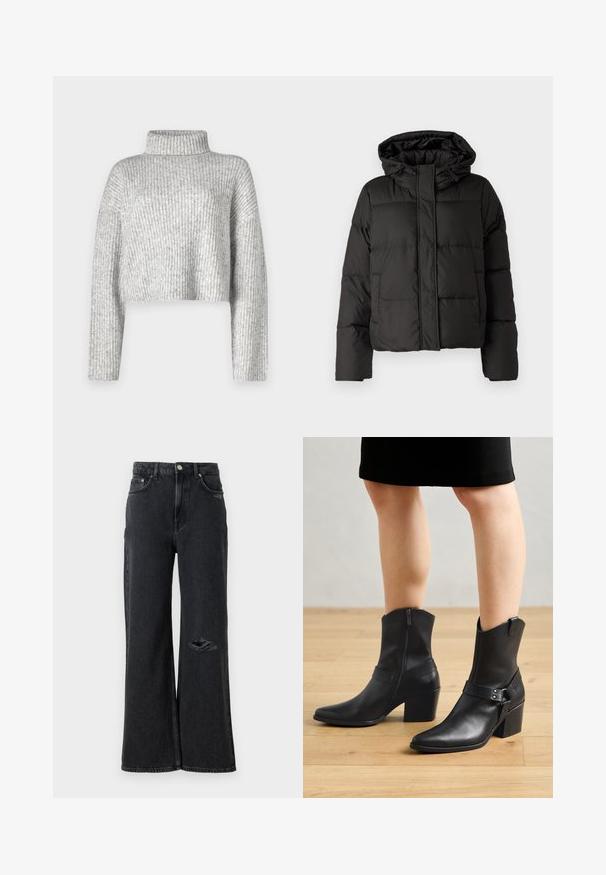 Veste doudoune noire avec capuche, fermeture éclair à l'avant, motif matelassé et poignets élastiques. Fabriquée en matériau synthétique lisse.; Pull gris court en tissu côtelé, doté d'un col haut et de manches longues, avec une texture douce et une légère variation de couleur.; Jeans en denim noir à jambes larges avec une taille haute, présentant une déchirure abîmée au genou gauche et des accents de boutons et rivets en métal classiques.; Bottines en cuir noir avec un bout pointu, fermeture éclair, talon courbé et une sangle décorative avec des accents en métal.