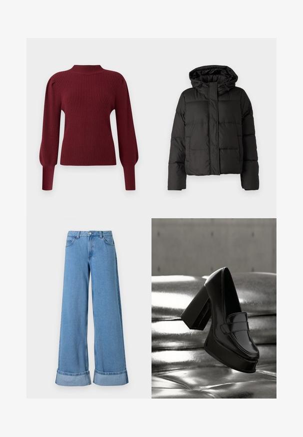 Veste doudoune noire avec capuche, fermeture éclair à l'avant, motif matelassé et poignets élastiques. Fabriquée en matériau synthétique lisse.; Pull en maille côtelée bordeaux avec un col montant, de longues manches bouffantes et des poignets ajustés. Caractérisé par une texture douce et un design structuré.; Jean en denim bleu clair à jambes larges avec une taille haute, des poignets roulés, un design à cinq poches et une fermeture à bouton avec un zip.; Mocassin à plateforme en cuir verni noir avec un talon bloc épais flottant au-dessus d'une surface matelassée métallique brillante.