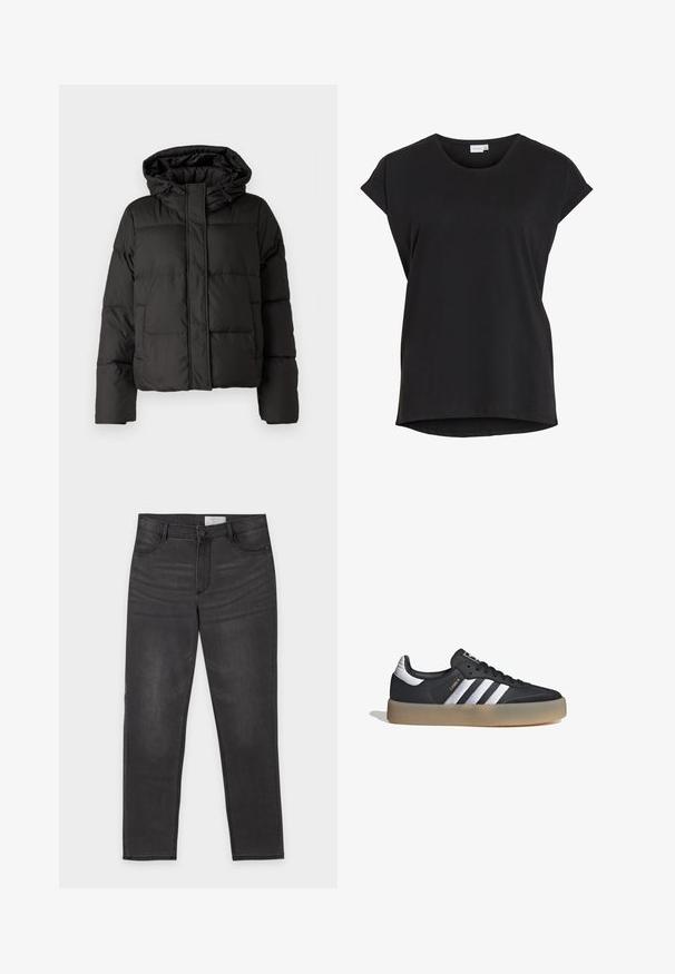 Chaqueta de plumas negra con capucha, cierre frontal con cremallera, patrón acolchado y puños elásticos. Fabricada en material sintético suave.; Camiseta casual negra de manga corta con puños remangados y cuello redondo de la marca VILA.; Vaqueros negros de pierna recta con cierre de botón y cremallera, bolsillos delanteros y traseros, y un sutil desteñido en los muslos, dispuestos en plano sobre un fondo blanco.; Zapatilla deportiva de cuero negro con tres rayas plateadas, punta texturizada y suela de goma. Cuenta con un collar acolchado y un diseño con cordones.