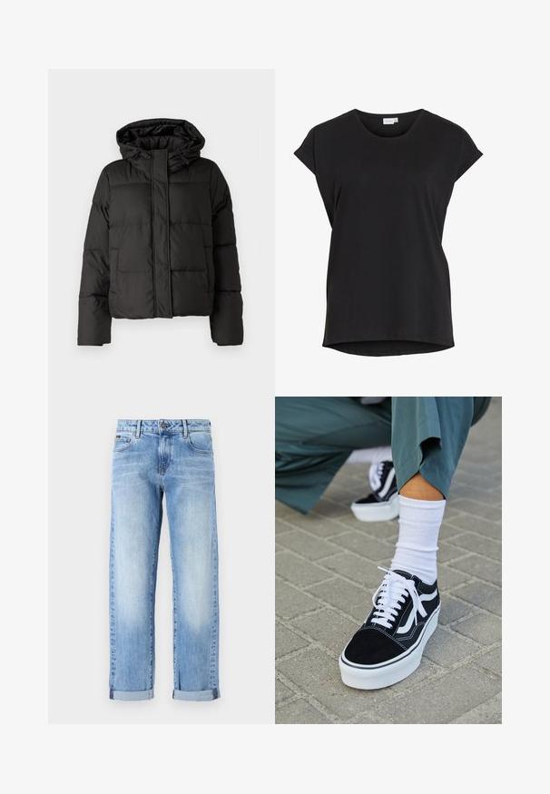 Sort pufferjakke med hætte, lynlås foran, quiltet mønster og elastiske manchetter. Fremstillet af glat syntetisk materiale.; Sort kortærmet afslappet t-shirt med opkrøjede ærmer og rund halsudskæring fra mærket VILA.; Lyseblå denimjeans med opsmøgede ben, frontknap og lynlås, samt klassisk femlommesdesign på en hvid baggrund.; Sorte ruskinds sneakers med hvide accenter og snørebånd, der har en tyk hvid sål og kontrasterende syninger, parret med en hvid sok.