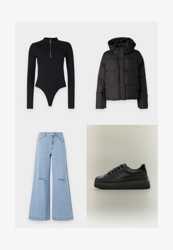 Sort pufferjakke med hætte, lynlås foran, quiltet mønster og elastiske manchetter. Fremstillet af glat syntetisk materiale.; Noisy May NMTONI BODY - Langærmet T-shirt - black; Lyseblå bredbenede jeans med høj talje, der har to forlommer og to slidte knædetaljer, fremstillet af denimmateriale.; Sort lavtop sneaker med tyk tekstureret platformsål og snørelukning foran på neutral baggrund.