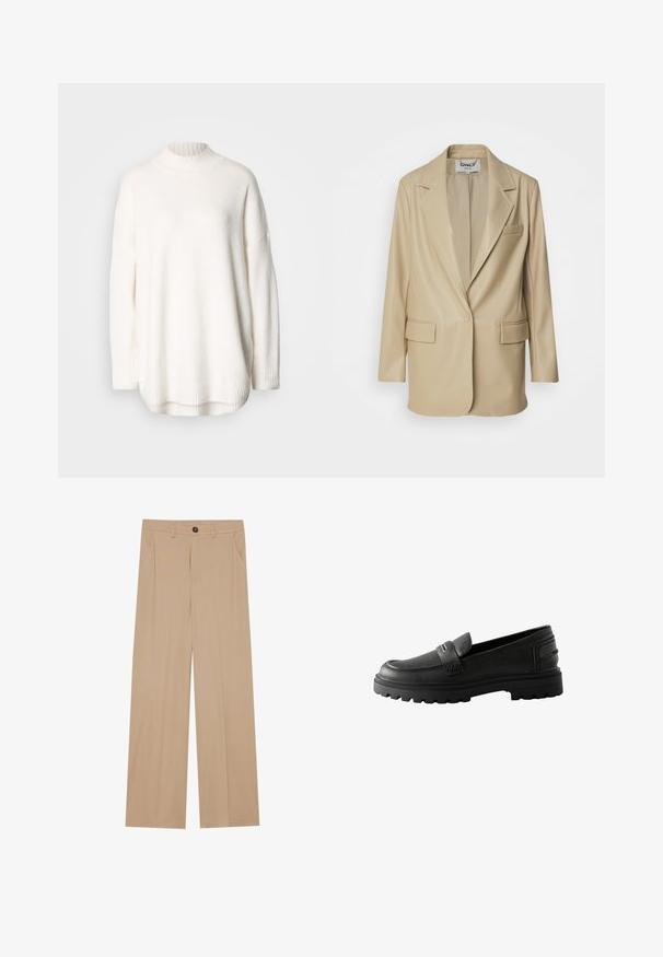 ONLY ONLIZARA BLAZER - Korte frakker - humus; Hvid strikket sweater med ribstrikket høj hals, sænkede skuldre og sideslidser ved kanten. Fremstillet af blødt, struktureret stof.; Beige brede bukser med en glat tekstur, der har to sidelommer, en frontlukning med knap og diskrete plisseringer for at tilføje detaljer.; Sort læderloafer med kraftig rillesål, rund tå og en remdetalje henover vristen, vist i sideprofil på hvid baggrund.