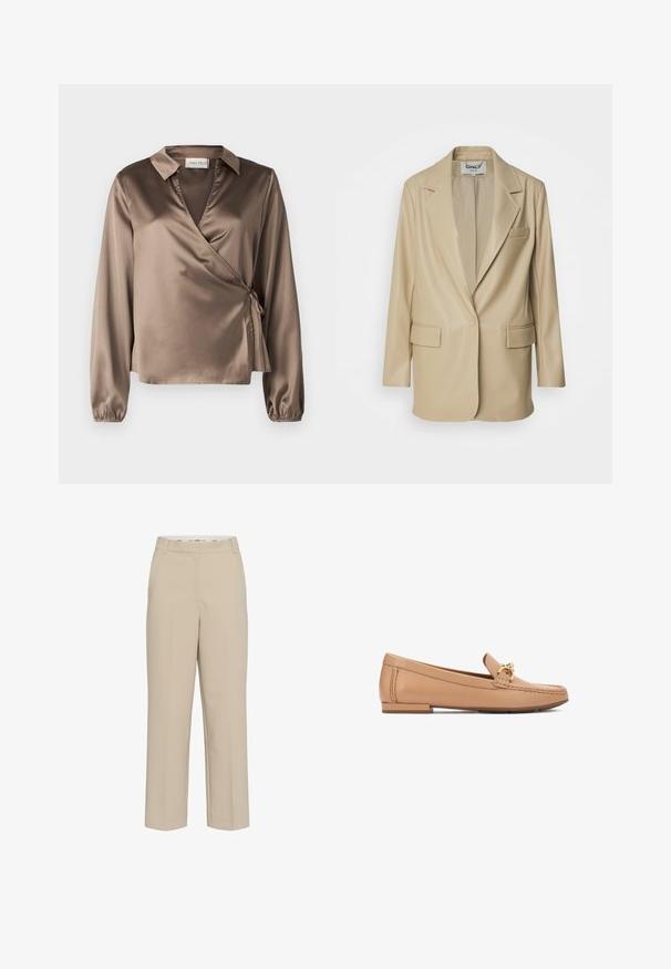 ONLY ONLIZARA BLAZER - Kurzmantel - humus; Braune Satin-Wickelbluse mit langen Ärmeln, Kragen und einem seitlichen Bindedetail. Glatte Textur mit leichtem Glanz, präsentiert sich mit einem V-Ausschnitt.; Beige gerade geschnittene Anzughose mit Gürtelschlaufen und verdecktem Frontverschluss, auf einem weißen Hintergrund präsentiert.; Hellbraune Leder-Loafer mit goldfarbenen Hardware-Akzenten, flacher Sohle und seitlichen Ziernähten. Glatte Textur.