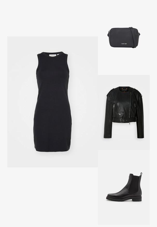 Schwarze Lederjacke mit verkürztem Schnitt, asymmetrischem Frontreißverschluss, Reißverschlusstaschen, Schulterklappen und einem Taillengürtel mit einer metallischen Schnalle.; Schwarzes ärmelloses Kleid aus glattem, elastischem Stoff. Es verfügt über einen runden Ausschnitt und eine figurbetonte Form, mit einem Saum, der oberhalb des Knies endet.; Schwarze Lederstiefelette mit elastischen Seitenpanelen, einem niedrigen, gestapelten Absatz und einer Zugschlaufe an der Rückseite. Glatte Textur und elegantes Design.; Schwarze rechteckige Umhängetasche aus synthetischem Material, mit silbernem Logo, schmalem Riemen und glatter Textur mit abgerundeten Kanten.