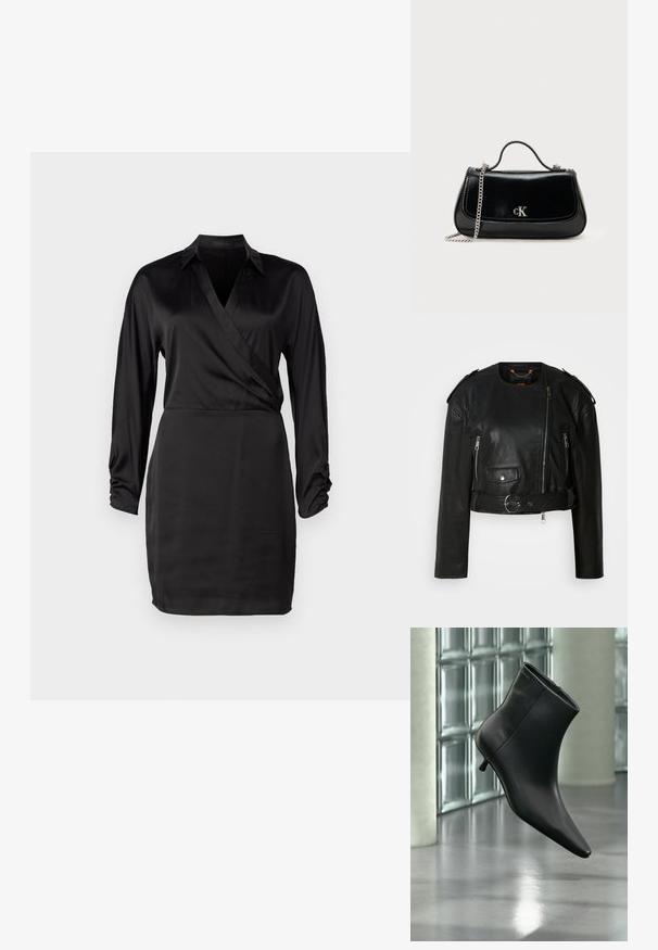 Schwarze Lederjacke mit verkürztem Schnitt, asymmetrischem Frontreißverschluss, Reißverschlusstaschen, Schulterklappen und einem Taillengürtel mit einer metallischen Schnalle.; Schwarzes Satin-Wickelkleid mit langen Ärmeln, V-Ausschnitt und gerafften Ärmeldetails. Die glatte Textur und die taillierte Silhouette betonen das elegante Design.; Schwarzer Leder-Stiefelette mit spitzer Zehenpartie und niedrigem Kitten-Heel, schräg dargestellt vor einem polierten Boden und einer Glasbausteinwand.; Schwarze Lederhandtasche mit einer Kettenriemen, strukturierter Form und einem silbernen Logo-Akzent. Glatte Textur mit einem Klappenverschluss.