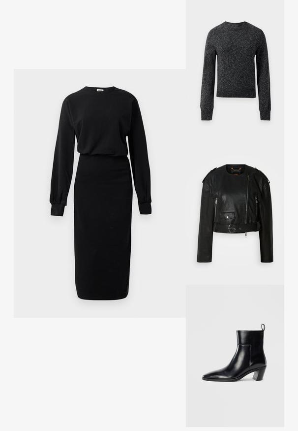 Sort læder cropped jakke med asymmetrisk frontlynlås, lynlås-lommer, skulderepauletter og en taljeelastik med en metallisk spænde.; Mørkegrå meleret striktrøje med lange ærmer, ribbet manchetter, kant og rund halsudskæring, præsenteret mod en hvid baggrund.; Langærmet sort kjole med rund hals og tætsiddende midi-længde nederdel, med gatherede manchetter og en afslappet topdel.; Sort læder ankelstøvle med spids tå, geometrisk stablet hæl og en løftestrop bagpå. Glat tekstur og slankt design.