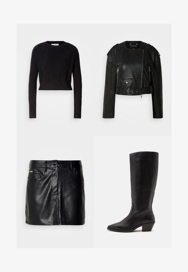 Schwarze Lederjacke mit verkürztem Schnitt, asymmetrischem Frontreißverschluss, Reißverschlusstaschen, Schulterklappen und einem Taillengürtel mit einer metallischen Schnalle.; Schwarzer, kurzer Pullover aus geripptem Strickstoff, mit strukturierten Zopfmustern, langen Ärmeln und rundem Ausschnitt.; Schwarzer Leder-Minirock mit tailliertem Design, ausgestattet mit frontalen Taschen, einem Knopfverschluss und glatter Textur.; Schwarzer Lederstiefel bis zur Wade mit spitzer Spitze und niedrigem schrägem Absatz vor einfachem hellem Hintergrund.