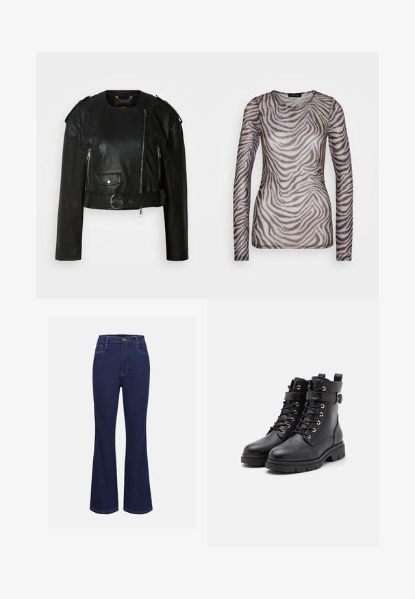 Sort læder cropped jakke med asymmetrisk frontlynlås, lynlås-lommer, skulderepauletter og en taljeelastik med en metallisk spænde.; Langærmet top lavet af gennemsigtig stof med zebrastribe mønster i nuancer af grå og beige. Rund halsudskæring, tætsiddende silhuet.; Mørkeblå denim flared jeans med høj talje, standard knaplukning og forlommer. Har kontraststing og en glat tekstur.; Sorte læder ankelstøvler med rund tå, snøredesign, gyldne øsken, spændeaccent og en chunky, tekstureret sål.