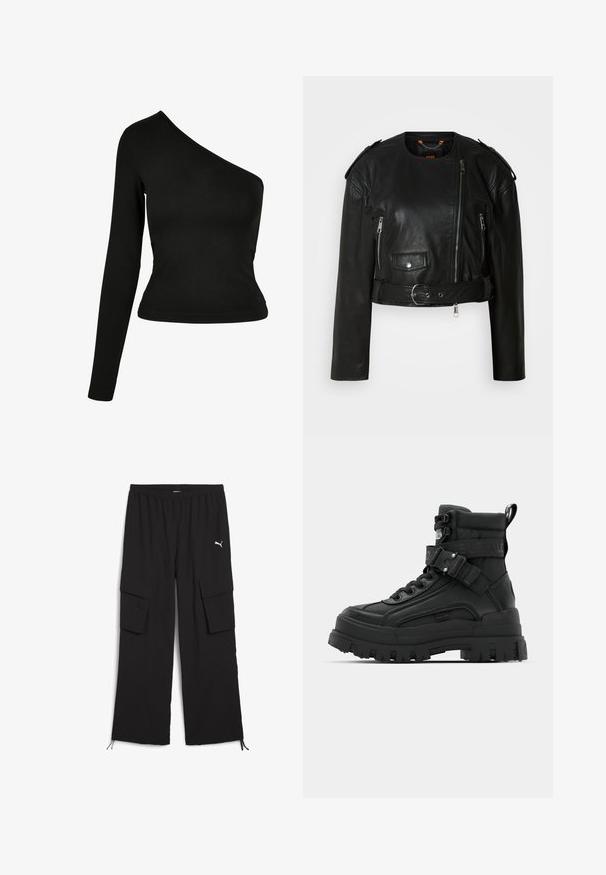 Sort læder cropped jakke med asymmetrisk frontlynlås, lynlås-lommer, skulderepauletter og en taljeelastik med en metallisk spænde.; Sort langærmet top med en asymmetrisk halsudskæring. Fremstillet af glat stof, tætsiddende design og en buet kant. Uden mønstre eller dekorationer.; Svarte cargo-bukser med bred ben-design, elastisk talje, to sidelommer og snoretræk ved kanten. Har et lille hvidt logo.; Sorte ankelstøvler med en tekstureret overdel, kraftig sål, snørelukning og justerbar rem med logo-detalje. Gummisal med udtalt dækmønster.