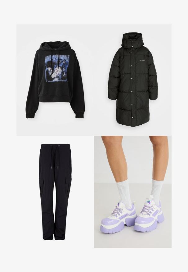 Zwarte pufferjas met een hoge kraag en capuchon, met een knoopsluiting, zijzakken en een doorgestikte textuur. Carhartt-logo zichtbaar.; Zwarte cropped hoodie van katoen met een capuchon en een trekkoord. Heeft een grafische print in het blauw, met afbeeldingen van personages en tekst.; Zwarte cargobroek van zachte stof, met een elastische tailleband met trekkoord en zijzakken. Rechtdoorgaand ontwerp.; Chunky sneakers in wit en lavendel. Kenmerken zijn een glanzende afwerking, dikke zolen, paarse accenten en een druivenlogo op de tong.
