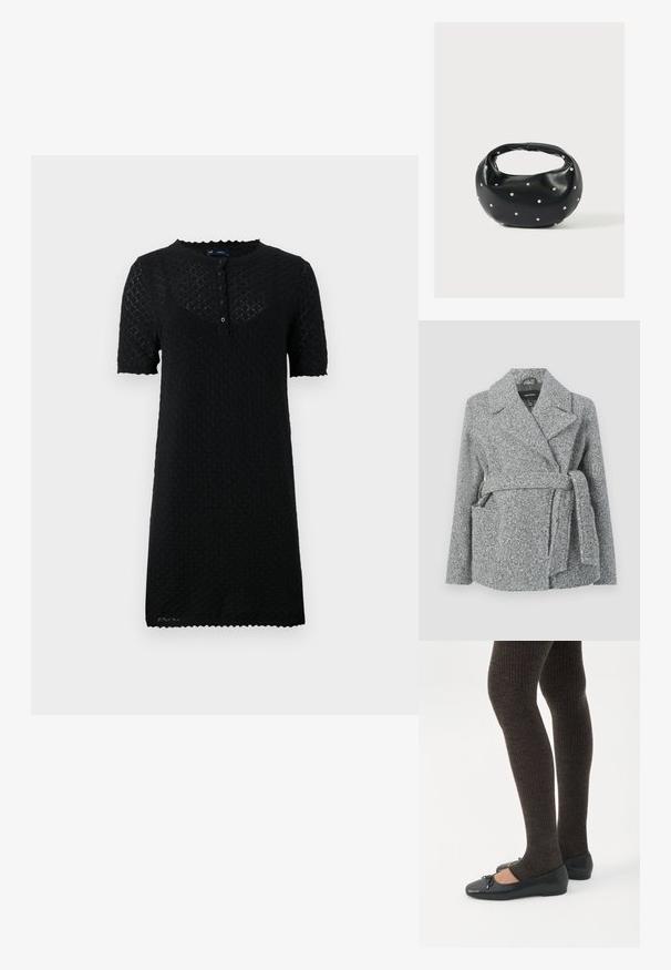 Abrigo envolvente de mezcla de lana gris con cuello con muescas, dos bolsillos delanteros, cinturón y superficie texturizada. Adecuado para climas más frescos.; Vestido negro de manga corta con un patrón texturizado de panal, cuello redondo con bordes en forma de ondas y cierre de botones en la parte delantera.; Piernas con leggings oscuros acanalados combinados con bailarinas negras que presentan pequeños detalles de lazo sobre un fondo blanco.; Bolso de mano de cuero negro con forma redondeada, decorado con detalles de tachuelas plateadas y un asa corta. Textura lisa y cierre con cremallera.