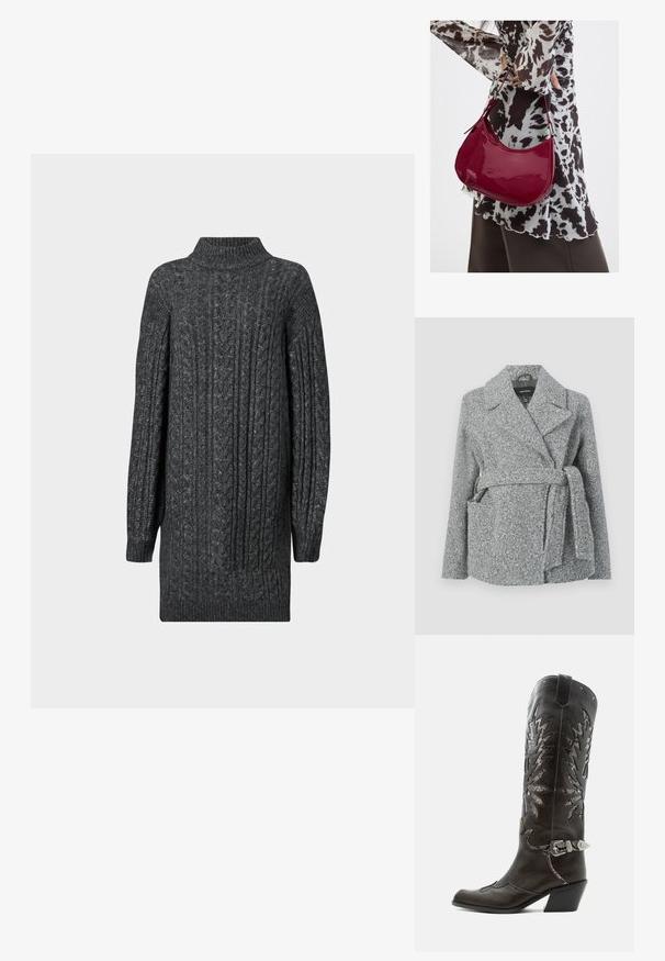 Manteau en mélange de laine gris avec col à revers, deux poches avant, ceinture à nouer et surface texturée. Convient pour les temps frais.; Robe pull longue en tricot à côtes gris foncé avec un col montant, des poignets et un ourlet côtelés sur fond blanc.; Botte de cowboy en cuir noir avec découpes décoratives, boucle argentée et talon incliné, présentée sur fond blanc.; Femme portant un chemisier à motif noir et blanc tenant un sac à main rouge brillant sur un fond uni.
