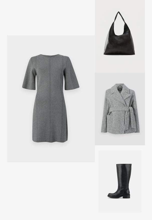 Abrigo envolvente de mezcla de lana gris con cuello con muescas, dos bolsillos delanteros, cinturón y superficie texturizada. Adecuado para climas más frescos.; Vestido de punto gris con mangas cortas en forma de campana, escote redondo y costuras verticales. Textura suave y diseño hasta la rodilla.; Bota alta de cuero negro con tacón bajo en bloque y punta redondeada, parte superior lisa con costuras mínimas sobre un fondo liso.; Bolso de hombro de cuero negro liso con una correa ancha y única y un diseño desenfadado y minimalista sobre un fondo sencillo.
