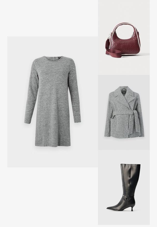 Manteau en mélange de laine gris avec col à revers, deux poches avant, ceinture à nouer et surface texturée. Convient pour les temps frais.; Robe en maille à manches longues, gris clair, avec un col rond et une fermeture éclair dans le dos.; Botte en cuir noire montant jusqu'au genou, avec un bout pointu et un petit talon bas, présentée sur un fond clair uni.; Sac à main en cuir tressé marron foncé avec poignée courbée, garniture blanche, fermeture éclair argentée et bandoulière large en tissu amovible sur fond uni.